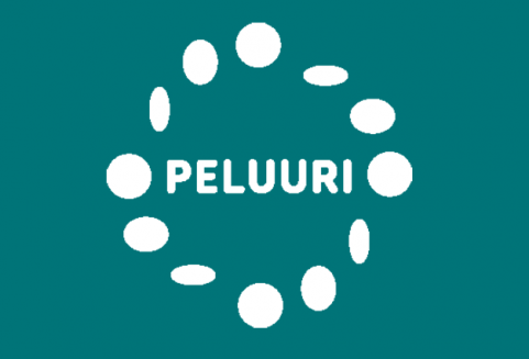 Peluurin valkoinen logo, tumma turkoosi tausta.