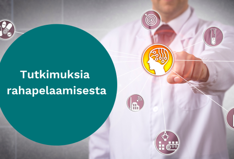 Valkoisessa takissa oleva tieteellisen näköinen ihminen tökkää näytöllä olevaa painiketta, jossa on aivosymboli. Teksti: Tutkimuksia rahapelaamisesta.