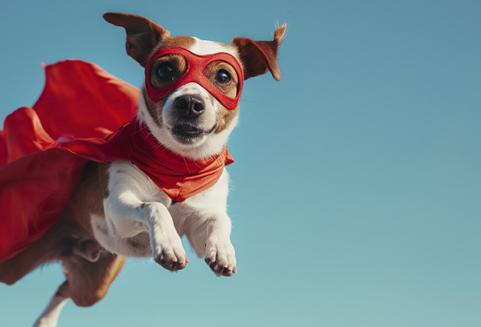 Koira hyppää supermiesasussa.
