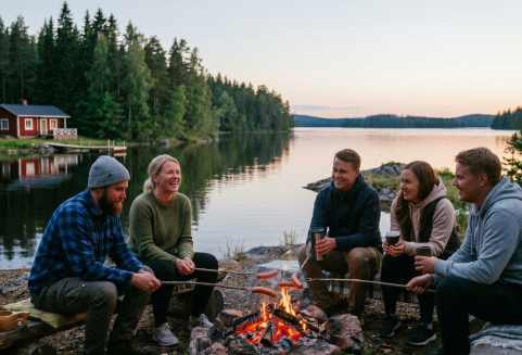 Viisi ihmistä istuu nuotiolla paistamassa makkaraa valoisassa kesäyössä. Taustalla järvi ja punainen kesämökki.