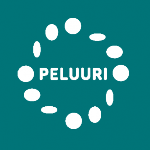 Peluurin valkoinen logo, tumma turkoosi tausta.