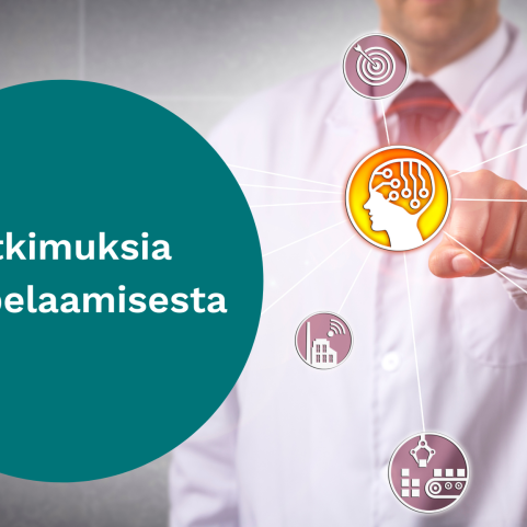 Valkoisessa takissa oleva tieteellisen näköinen ihminen tökkää näytöllä olevaa painiketta, jossa on aivosymboli. Teksti: Tutkimuksia rahapelaamisesta.