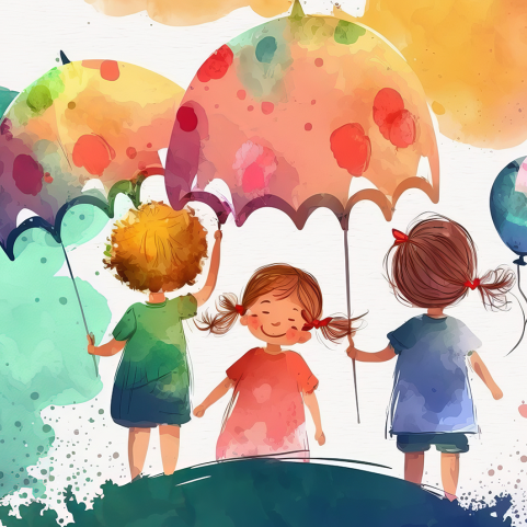 Värikäs piirroskuva, jossa kolme lasta, sateenvarjoja ja ilmapallo.