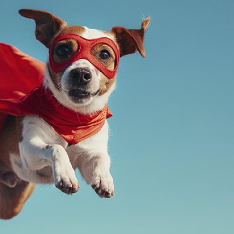 Koira hyppää supermiesasussa.