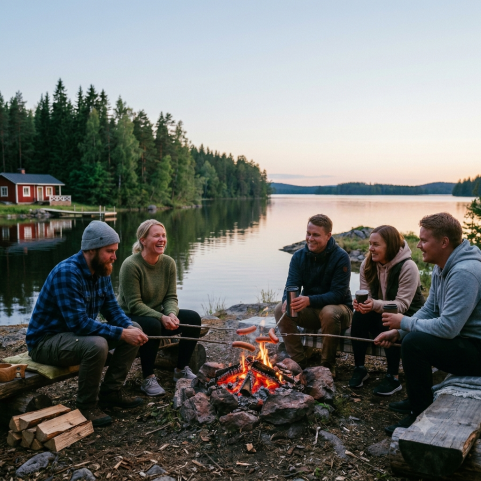 Viisi ihmistä istuu nuotiolla paistamassa makkaraa valoisassa kesäyössä. Taustalla järvi ja punainen kesämökki.