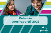 Nainen ja mies hymyilevät. Peluurin vuosiraportti 2025 ja Peluurin logo.