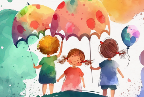 Värikäs piirroskuva, jossa kolme lasta, sateenvarjoja ja ilmapallo.