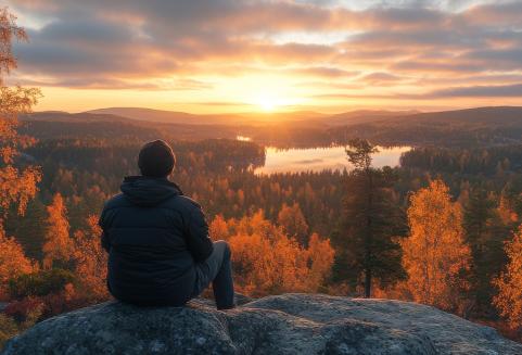 Ihminen katselee auringonnousua korkealla kalliolla. Ruskapuita ja järvi.