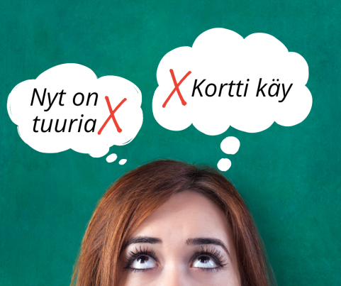 Ajatuskuplissa tekstit Nyt on tuuria ja Kortti käy.