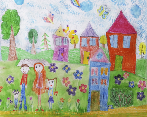 Lapsen tekemä värikäs piirustus, jossa kerrostaloja ja perhe ulkoiluttaa koiraa.