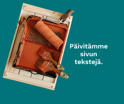 Päivitämme sivun tekstejä. Kuvassa pensseleitä ja -tela oranssissa maalissa.