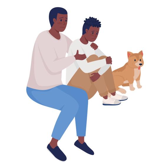 Piirroskuvassa aikuinen istuu nuoren vieressä kädet hänen harteillaan. Nuori istuu polvet koukussa ja hänen vieressään istuu pieni koira.